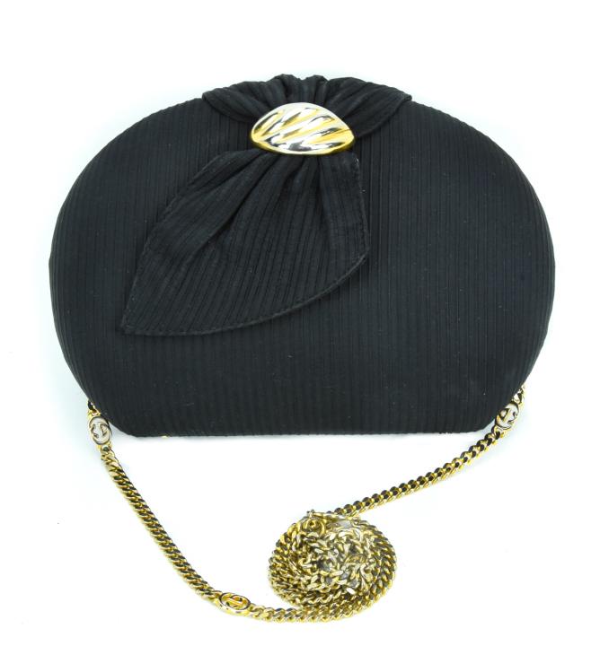 Gucci Black Silk Hard Case Handbag w Logo Chain (1 of 6)