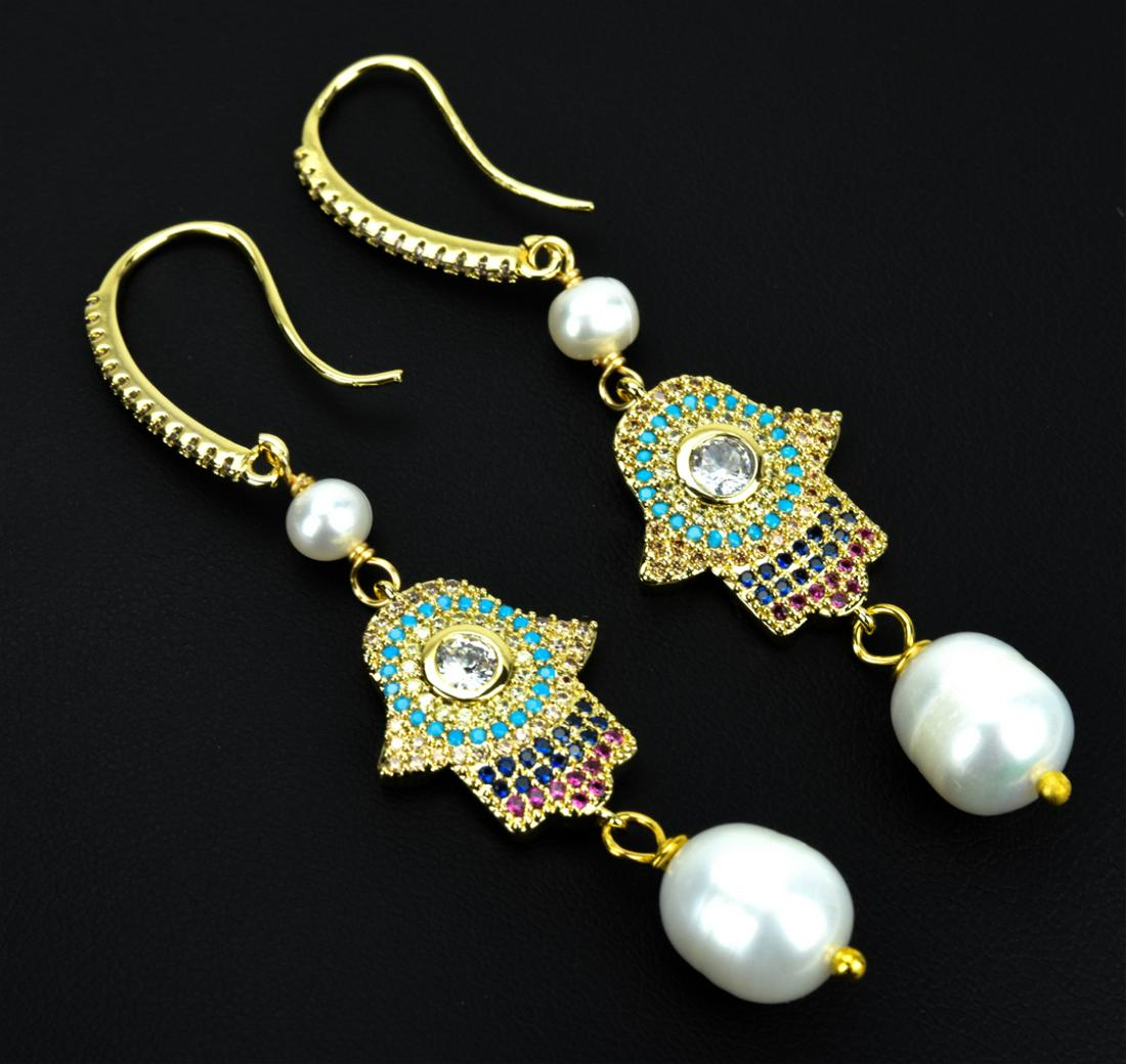 Pair Gold Plated Hamsa Earrings w Baroque Pearls (1 of 6)
