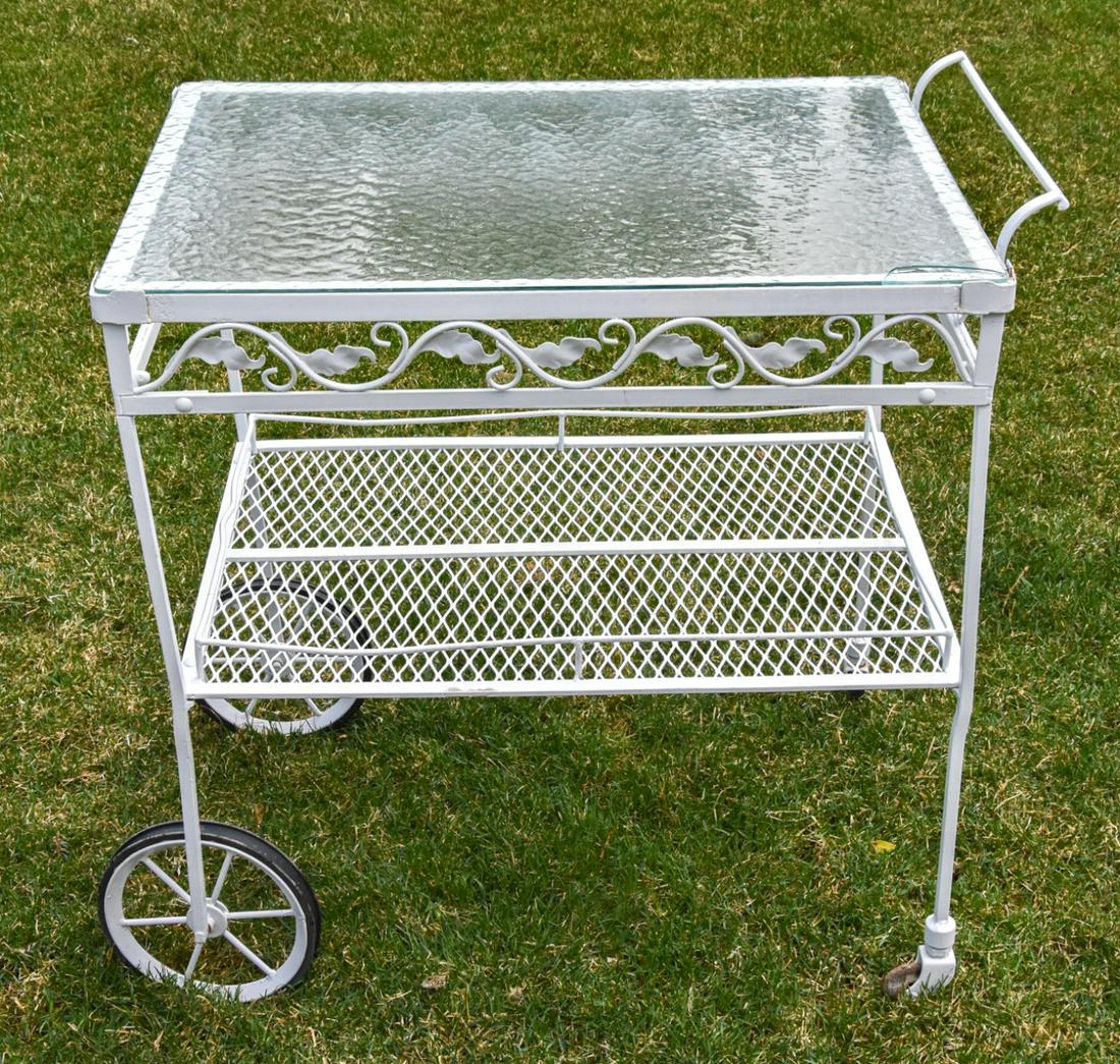 Vintage Iron & Glass Outdoor Bar Cart: Vintage Iron & Glass Outdoor Bar Cart. Measures 36 inches high x 25 inches wide x 35 inches deep. Estate inventory #339