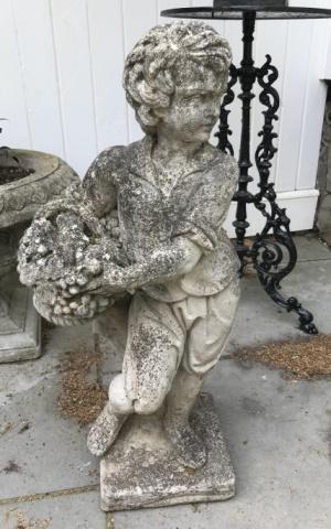 Antique Cast Stone Garden Statue Boy w Basket (1 of 7)