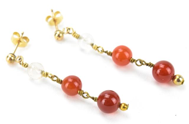 Pr Estate 14kt Gold Moonstone & Carnelian Earrings: Pair of Estate 14kt Gold Moonstone & Carnelian Earrings. Earring backs are hallmarked. Each measures 1.75 inches in length.