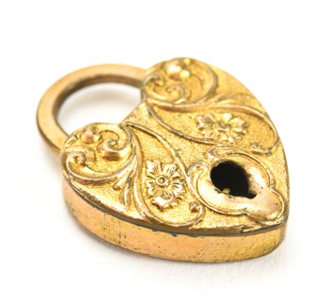Antique Gold Filled Heart Padlock Charm / Pendant: Antique Gold Filled Heart Padlock Charm / Pendant. Scrollwork motif. Measures just under 1 inch in length.