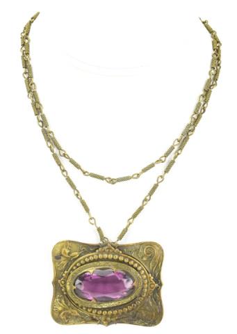 C 1900 Art Nouveau Czech Amethyst Crystal Necklace: Antique C 1900 Art Nouveau Czech Amethyst Crystal Necklace Pendant on Filigree Chain. Pendant likely Czechoslovakian in origin. Chain measures 31 inches in length.