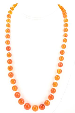 Antique Art Deco Carnelian Bead Necklace: Antique Art Deco Graduated Size Carnelian Bead Necklace Strand w Crystal Spacers. Art Deco navette clasp is marked sterling. Measures just over 25 inches in length.