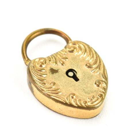 Antique Gold Filled Heart Padlock Charm / Pendant: Antique Gold Filled Heart Padlock Charm / Pendant. Scrollwork motif. Measures just under 1 inch in length.