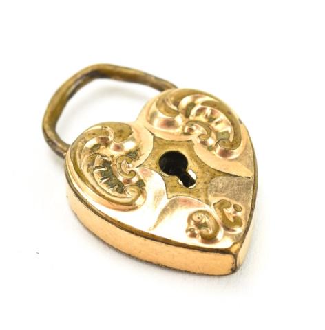 Antique Gold Filled Heart Padlock Charm / Pendant: Antique Gold Filled Heart Padlock Charm / Pendant. Scrollwork motif. Measures just under 1 inch in length.