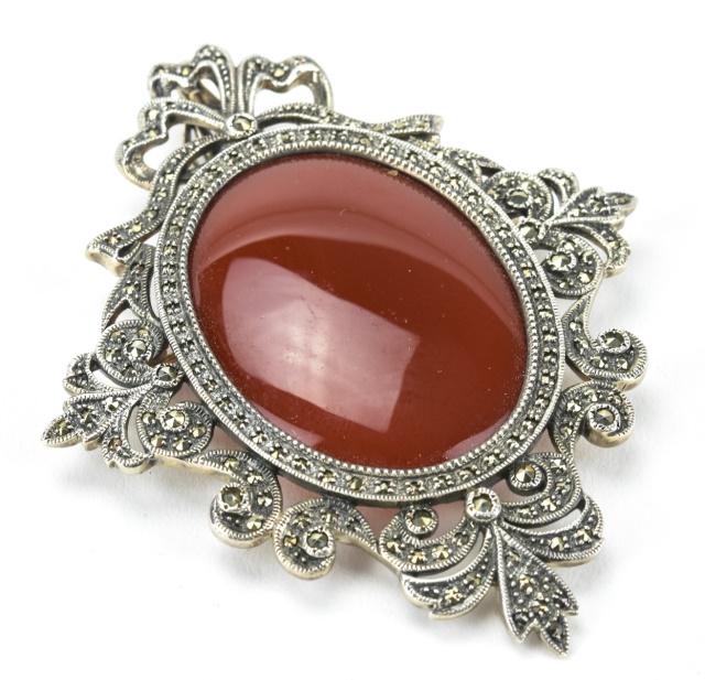Huge Sterling Carnelian Marcasite Necklace Pendant (1 of 6)