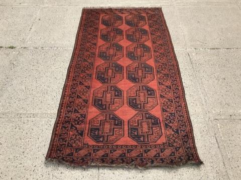 Hand Knotted Afghan Alti Bolaq Andkhoy Rug Fil Pai: Hand Knotted Afghan Alti Bolaq Andkhoy Area Rug with Fil Pai Pattern. Pattern comprised of crimson, navy, and black color ways. Measures 84 inches long x 43 inches wide.