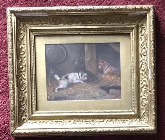 Antique C 1884 Gilt Framed Oil Painting of Dogs (1 of 5)