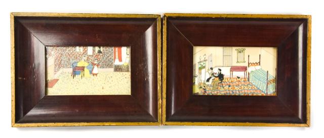 Pair Antique Folk  Art 19th C. Ink & Gouache (1 of 7)