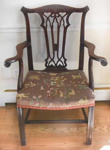 Antique 19th C English Carved Armchair: Antique 19th C English Carved Armchair with Custom Upholstery. Having carved swag motif. Measures 39 inches high x 29 inches wide x 19 inches deep.