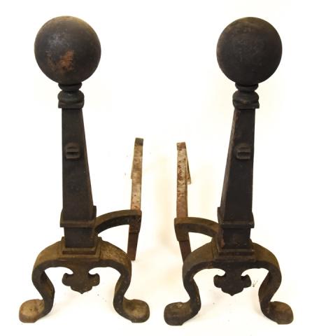 Pair Antique Cast Iron Powder Coated Andirons: Pair Antique Cast Iron Powder Coated Black Andirons. Approximately 24 inches x 24 inches