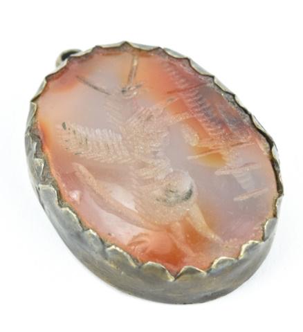 Antique Agate Unicorn Intaglio Necklace Pendant: Antique Agate Unicorn Intaglio Necklace Pendant. Hand carved specimen agate intaglio featuring an armorial crest scene of a rearing unicorn and a sword. Measures 2 inches in length.
