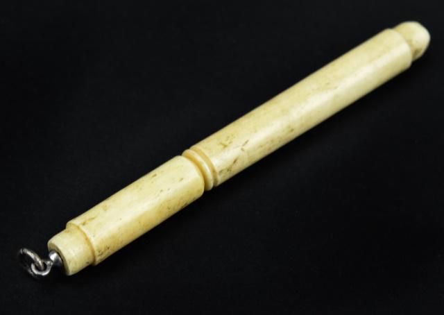 Antique 19th C Carved Bone Chatelaine Needle Case: Antique 19th C Carved Bone Chatelaine Needle Case Pendant. Measures just over 3 inches in length.