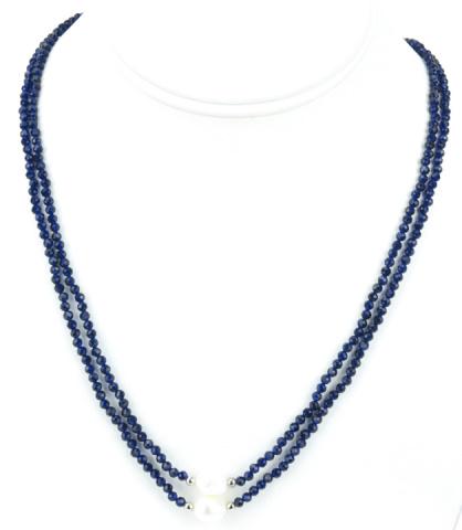 Pair Faceted Blue Sapphire Baroque Pearl Necklaces: Pair Faceted Blue Sapphire Baroque Pearl Necklaces. Beads test as Sapphire on the Presidium, may be treated / enhanced. Each necklace measures 20 inches in length.