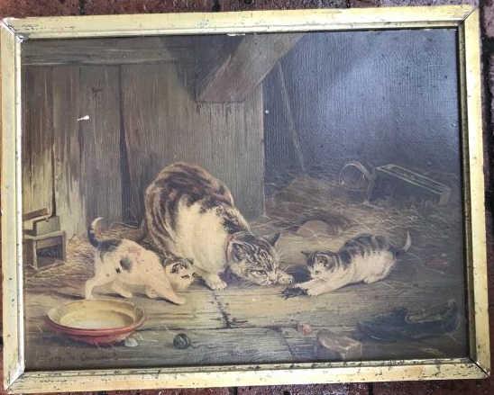 Antique 19th C Lithograph of Mother Cat & Kittens (1 of 3)