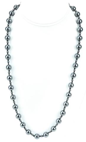 Vintage Sterling Silver & Hematite Beaded Necklace: Vintage Sterling Silver & Hematite Beaded Necklace. Hand knotted. Hallmarked clasp. Two sizes of beads, larger are approximately 10mm in diameter. Measures 26 inches in length.