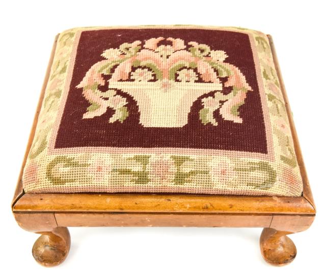 Antique Carved Needlepoint Covered Foot Stool (1 of 8)