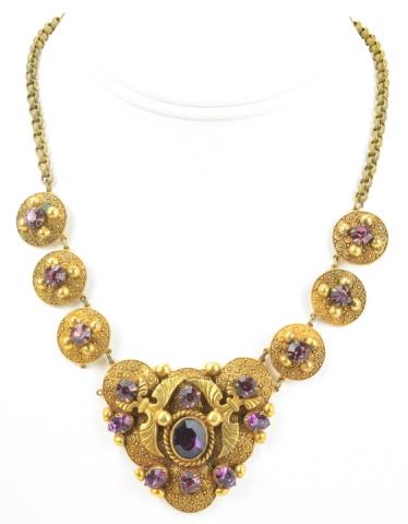 Antique Czech Art Deco Sapphire Paste Necklace: Antique Czech Art Deco Sapphire Paste Necklace. Czechoslovakian style gilt metal and rhinestone necklace. Having rolo links, sapphire and amethyst paste crystals. Measures 16 inches in length.