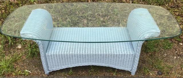 Vintage Blue Wicker Glass Coffee Table (1 of 4)