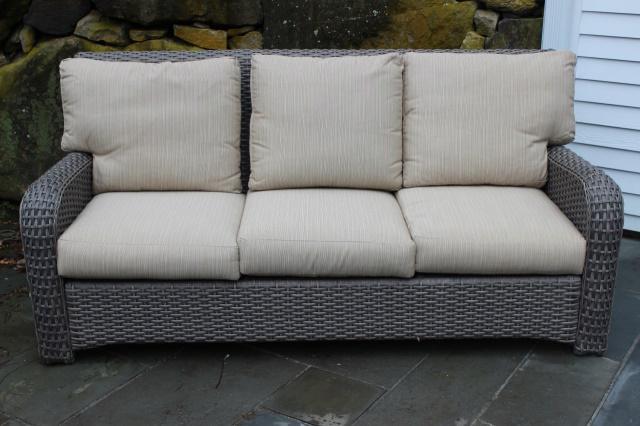 Outdoor Gray Wicker Couch: Outdoor Gray Wicker Couch. Measures 37 inches high x 77 inches wide x 36 inches deep x 18 inches from floor to seat.