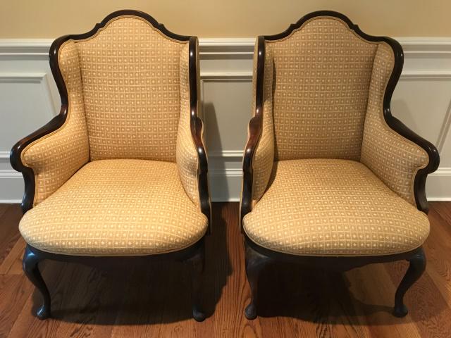 Pair Queen Anne Style Upholstered Bergere Chairs: Pair Queen Anne Style Upholstered Bergere Chairs. Measures 40.5 inches high x 26 inches wide x 23 inches deep.