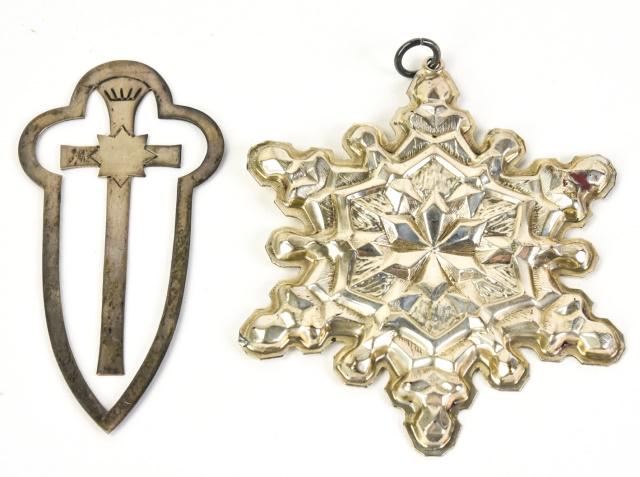Sterling Silver Christmas Ornament & Bookmark: Sterling Silver Christmas Ornament & Bookmark. Gorham sterling silver Christmas ornament along with Mexican sterling silver bookmark. Ornament measures 3.75 inches wide.