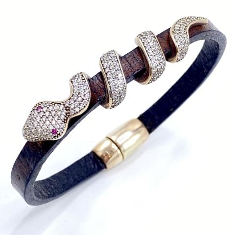 Vintage Sterling and Leather Snake Bracelet (1 of 4)