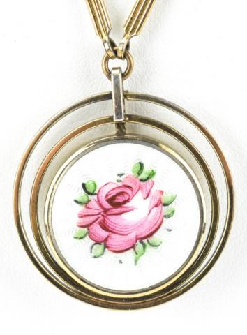 Estate Guilloche Enamel Rose Motif Locket Pendant: Estate Guilloche Enamel Rose Motif Locket Necklace Pendant on Gold Filled Chain. Chain measures 18.5 inches in length, pendant measures 1.5 inches in length.