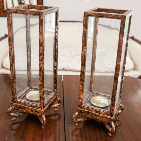 2 Faux Tortoise Chinoisserie Hurricane Lanterns: Pair Carved Hand Painted Faux Tortoise Patterned Chinoisserie Hurricane Lanterns. 22 inches x 8.5 inches with removable hurricanes on base.