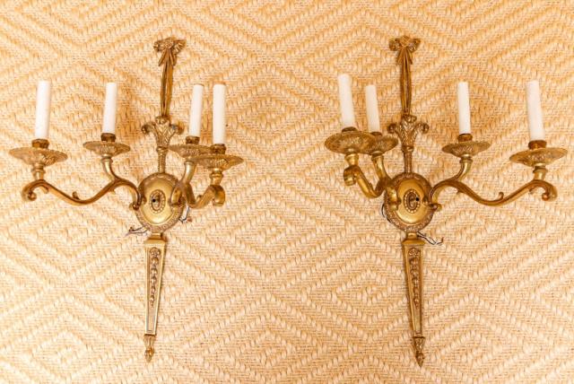 Pair Neoclassical Brass 4 Light Sconces (1 of 3)