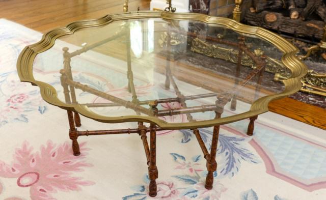 Brass Rimmed Glass Tray Top Bamboo Coffee Table (1 of 4)