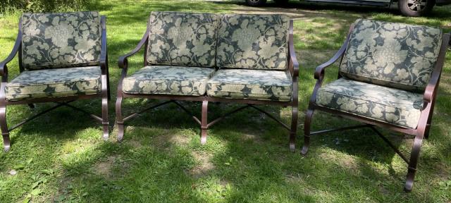 Set Cast Aluminum Ribbon Back Outdoor Chairs: Set Cast Aluminum Ribbon Back Floral Outdoor Chairs. Includes pair of armchairs and a loveseat. Loveseat measures 32 inches high x 50.75 inches wide x 34 inches deep x 19 inches from floor to seat.