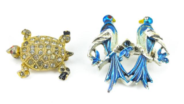Vintage Brooch Pins - Enamel Birds & Coro Turtle: Vintage Brooch Pins - Enamel Birds & Paste Rhinestone Turtle by Coro. Birds measure 1.25 inches in length.