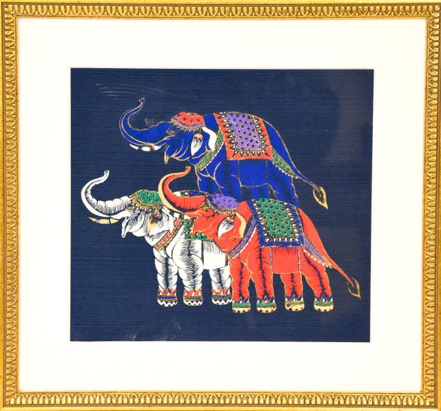 Framed Indian Elephant Wood Block On Cloth (1 of 7)