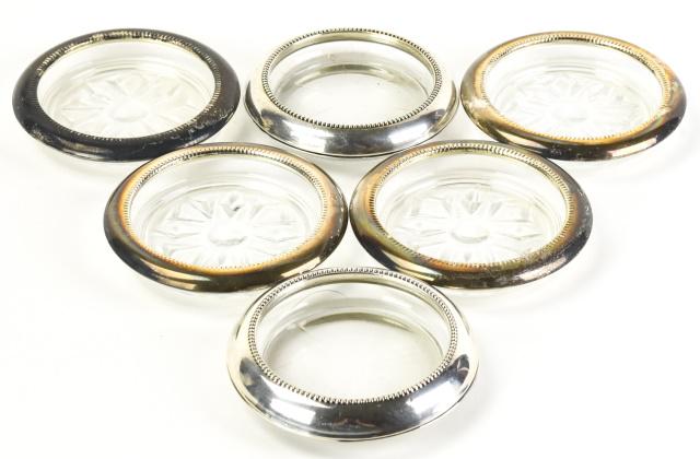 Collection of Antique Sterling & Glass Coasters: Collection of 6 Antique Sterling & Glass Coasters. Hallmarked. Measures 3.75 inches in diameter.