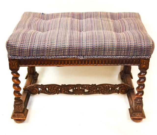 Antique Heavily Carved Upholstered Tudor Bench (1 of 8)
