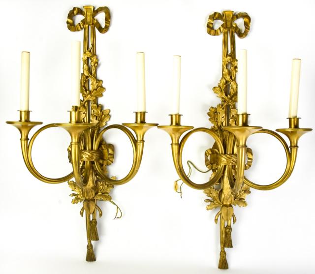 Gilded Bronze Sconces w Trombae, Ribbons, Hooves (1 of 9)