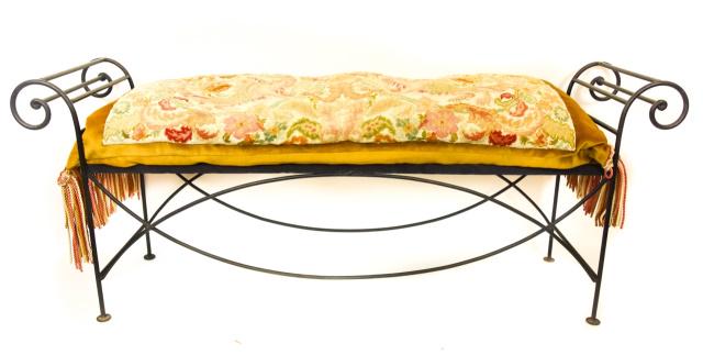Regency Wrought Iron Bench w Upholstered Pillow (1 of 10)