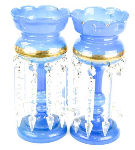 Pair French Opaline Glass Epergnes w Pendalogues: Pair French Blue Opaline Glass Epergnes w Pendalogues. 14 inches x 6 inches in diameter. Estate blue room inventory.