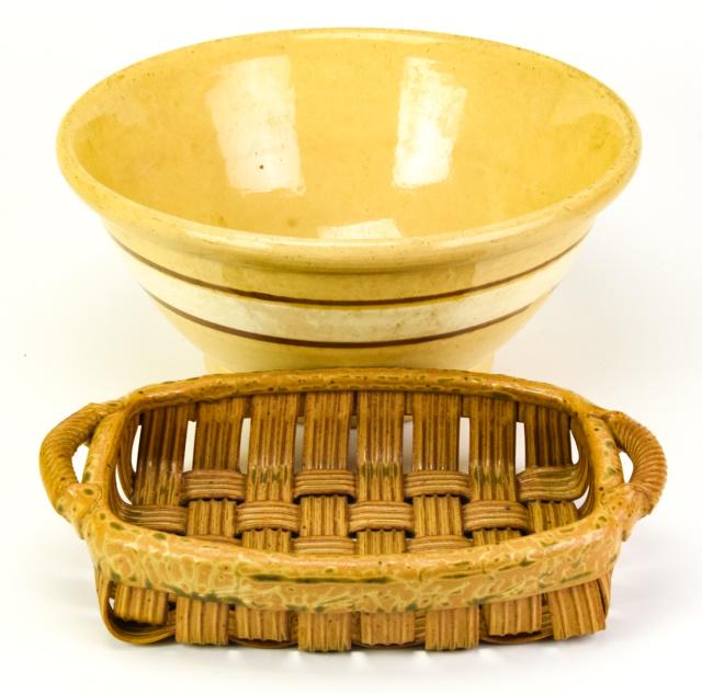 Vintage Yellow Ware Bowl & USA Made Ceramic Basket (1 of 7)