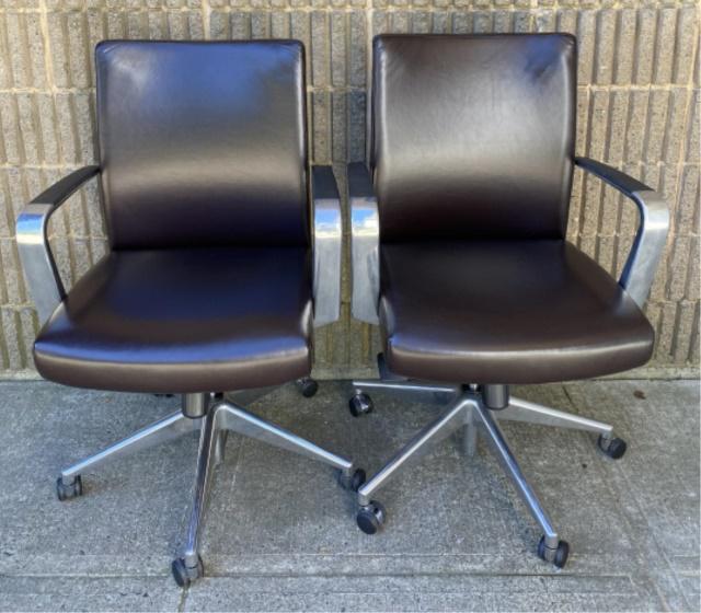 Pair Brown Leather Adjustable Desk Chairs (1 of 6)