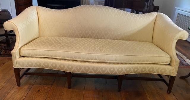 Chippendale Damask Upholstered Camelback Sofa (1 of 9)