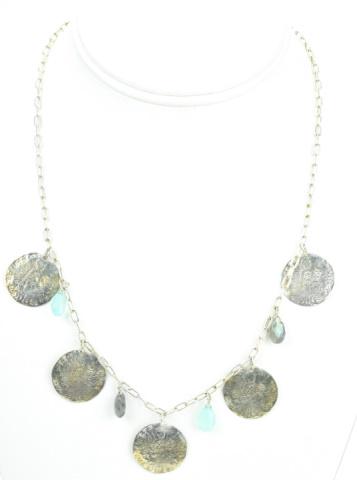 Sterling Necklace w Antique Coins & Gemstones: Sterling Silver Necklace w Antique Coins & Briolette Faceted Gemstones Pendants of Labradorite & Serpentine. Measures 19 inches in length.