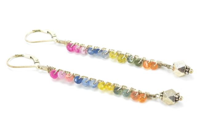Earrings w Emerald, Citrine, Topaz, Iolite Gems: Earrings w Emerald, Citrine, Topaz, Iolite Gems. Pair of sterling silver earrings with faceted precious / semi precious beads. The beads test as Emerald, Citrine, Topaz, Iolite on the Presidium. Each