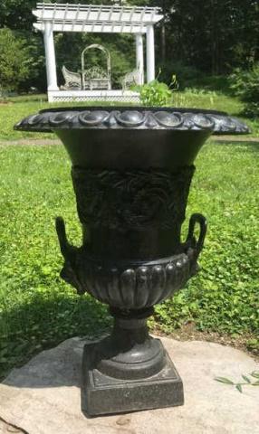 Ornate Antique Black Painted Cast Iron Garden Urn (1 of 3)