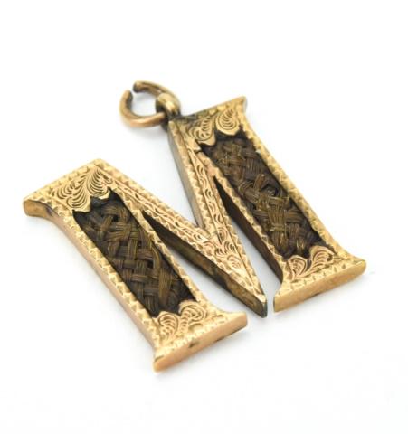 Antique 19th C Gold Mourning Pendant w Woven Hair (1 of 5)