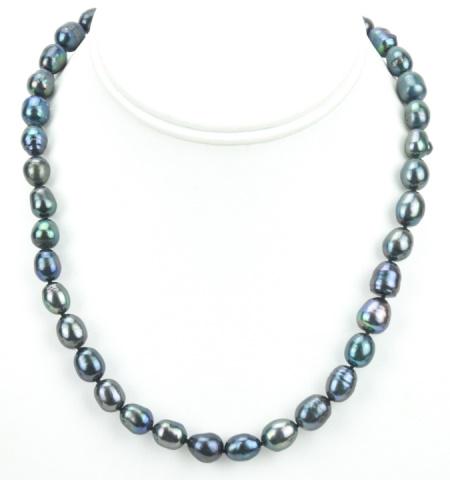 Hand Knotted Baroque Black Tahitian Pearl Necklace: Hand Knotted Baroque Black Tahitian Pearl Necklace. Hand knotted on black silk thread with gold plated navette form clasp and high luster approximately 6 to 8mm in length baroque pearls in tones of bl