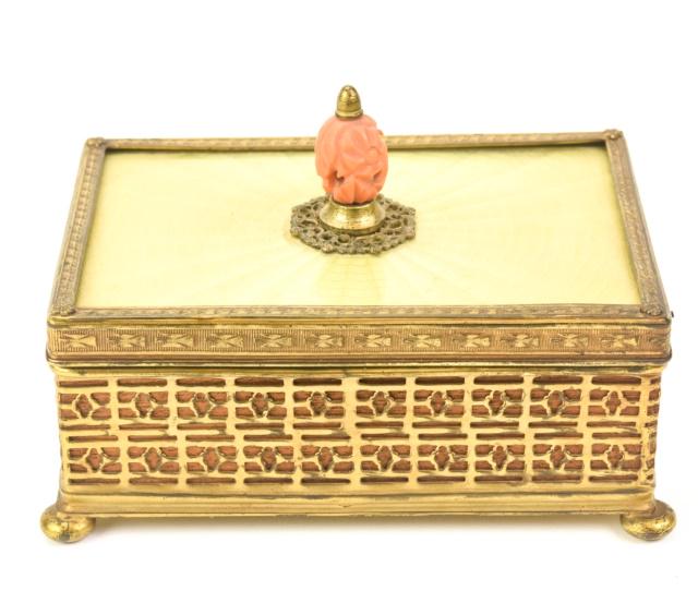 Apollo Guilloche Enamel Cigarette Box Coral Finial: Antique Apollo Studios Guilloche Enameled Cedar Cigarette Box With Carved Coral Style Finial. 3.50 inches x 5.25 inches x 3.50 inches.