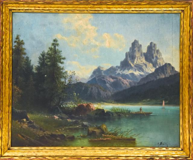 Framed Nowak Mountains Oil Painting: Framed, A. Nowak Mountains & Row Boat Oil Painting On Board. Framed 18.50 inches x 22.50 inches x 1 inch. Board 15.75 inches x 19.75 inches.